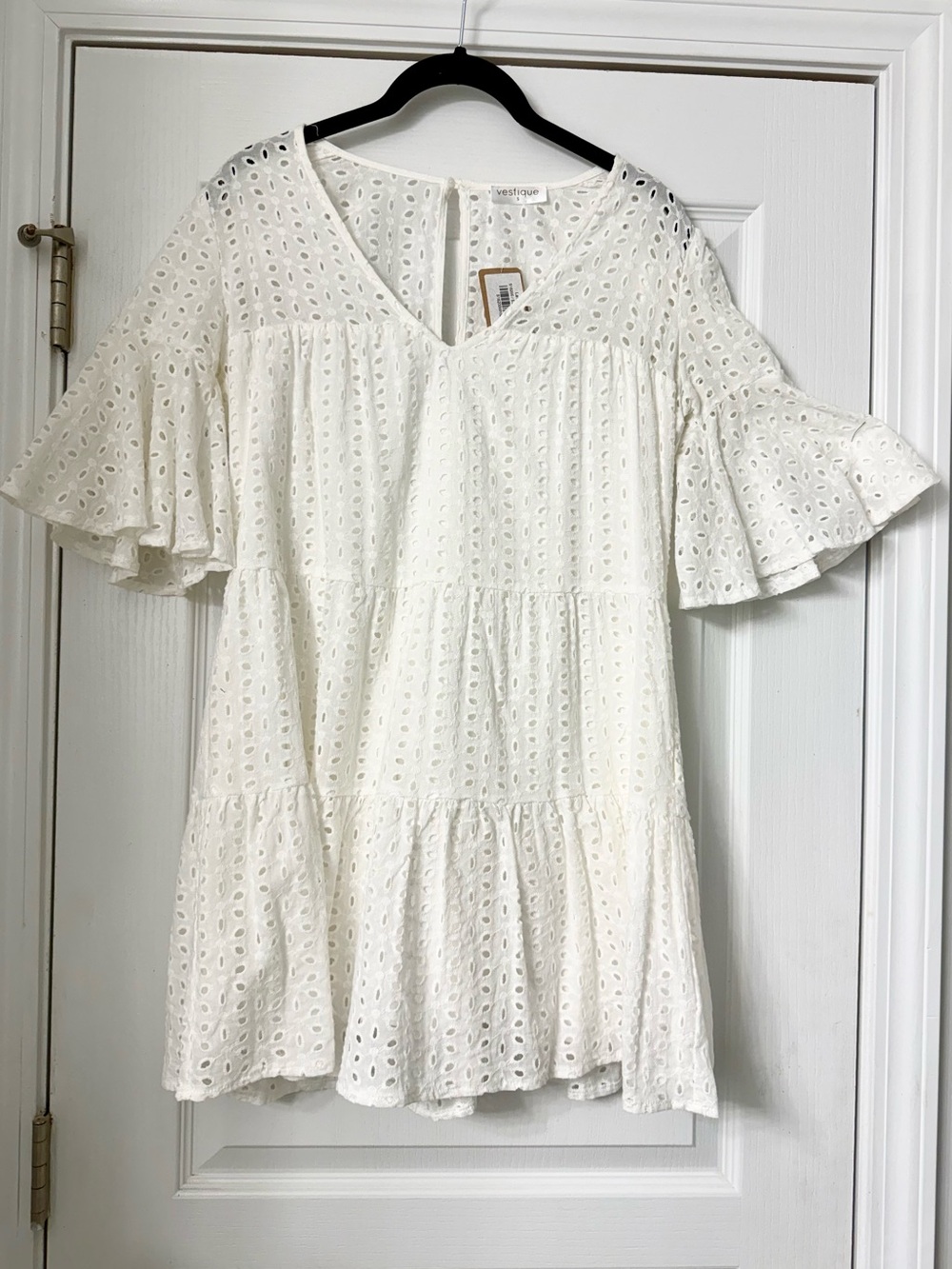 vestique White Eyelet Tiered V-Neck Babydoll Dress